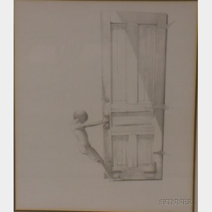 Framed Graphite on Paper Drawing of a Young Boy Opening a Door