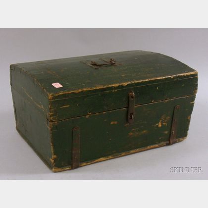 Small Green-painted Dome-top Pine Dovetail-constructed Trunk with Wrought Iron Hardware