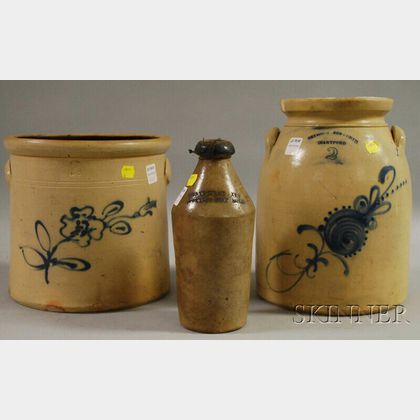 Cobalt Highlighted and Decorated Stoneware Bottle and Two Crocks