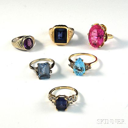 Six 10kt Gold and Colored Stone Rings