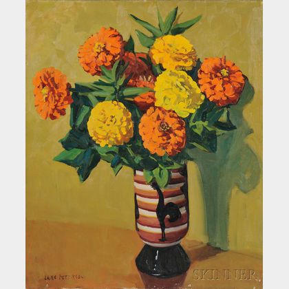 Jane Peterson (American, 1876-1965) Zinnias in a Rooster Vase