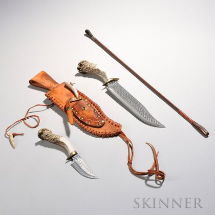 Two Bone-handled Knives in Sheath and a Swaine Leather Riding Crop, the largest knife with an engraved Native American figure, largest 