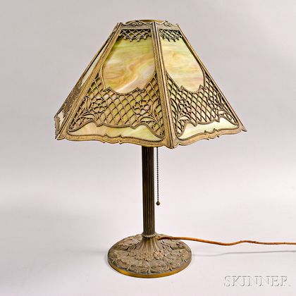 Late Victorian Metal Overlay and Carmel Slag Glass Table Lamp