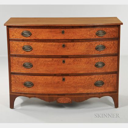 Tiger Maple and Bird's-eye Maple Veneer Inlaid Bow-front Chest of Drawers