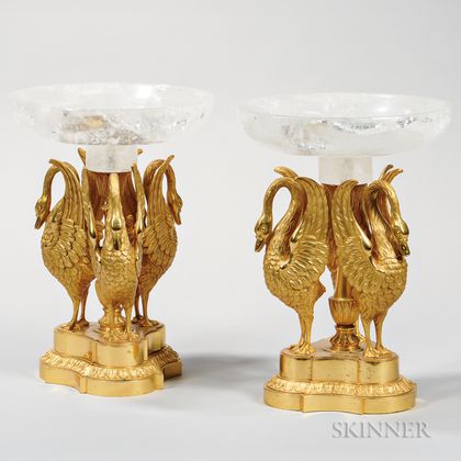 Pair of Russian Empire Rock Crystal-mounted Ormolu Compotes