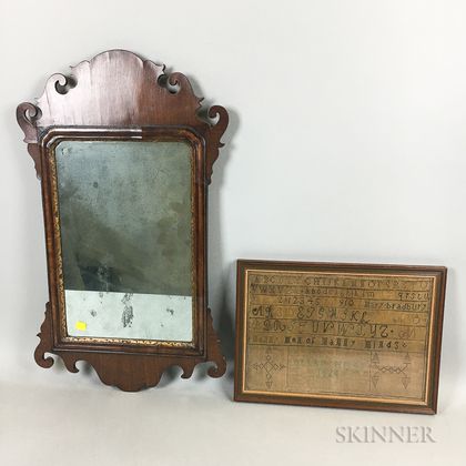 Small Chippendale Scroll-frame Mirror and a Framed Needlework Sampler