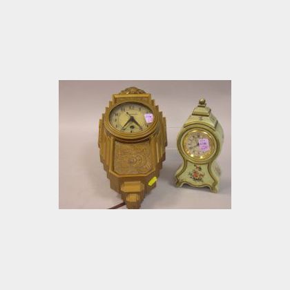 Manning-Bowman Art Deco Gilt Cast Metal Wall Clock and a Renova Continental-style Paint Decorated Table Clock. 