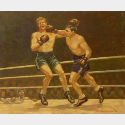Framed Oil on Canvas of Boxers, The Knockout