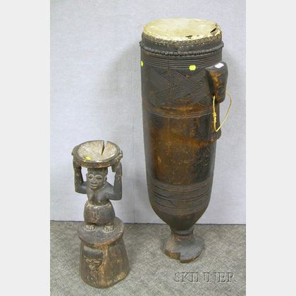 African Carved Wood Standing Drum and a Carved Wooden Figural Seat