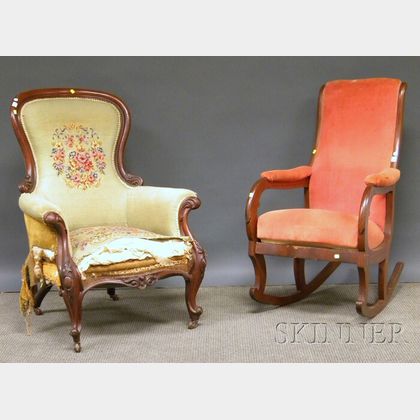 Victorian Upholstered Walnut Lincoln Armrocker and Rococo Revival Needlepoint Upholstered Carved Walnut Parlor Armchair. 