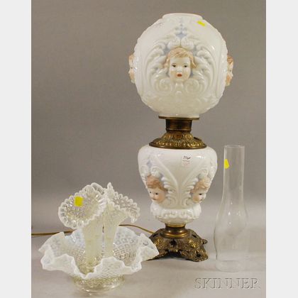 Late Victorian Painted Cherub Mask Molded Opaque Glass and Brass Gone-with-the-Wind Table Lamp and a Victorian-style Opalescent Mold...