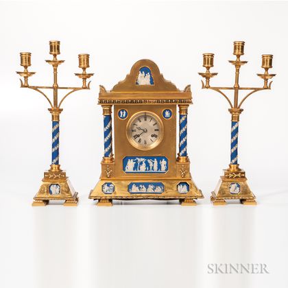 Three-piece Gilt-bronze-mounted and Wedgwood Jasper-inset Clock Garniture, 