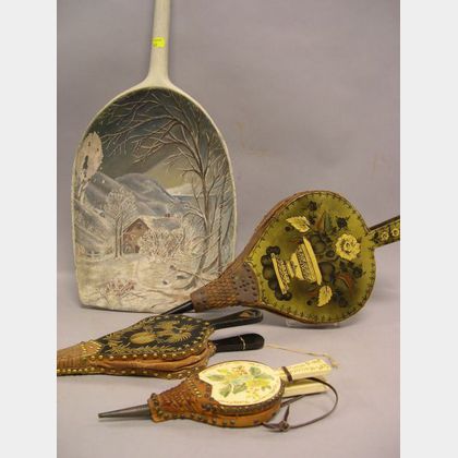 Three Paint Decorated Wooden Bellows and a Painted Winter Scene Grain Shovel. 