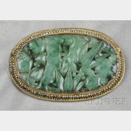 14kt Gold, Jadeite, and Seed Pearl Brooch