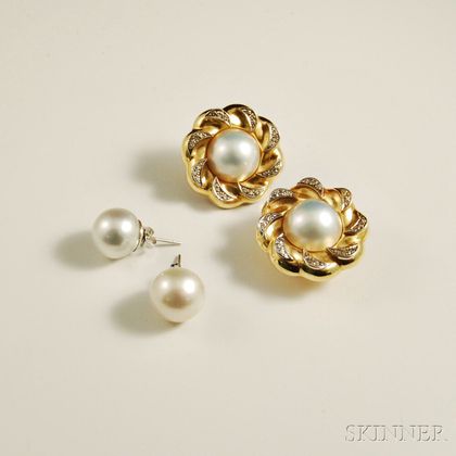 14kt Gold, Diamond, and Mabe Pearl Earrings and Pearl Earstuds