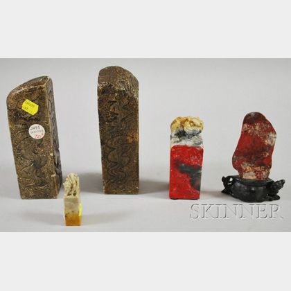 Four Asian Carved Stone Seals and a Scholar's Stone in Figural Base