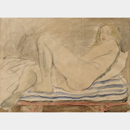 Raphael Soyer (American, 1899-1987) The Blue Striped Cushion/Portrait of a Reclining Nude
