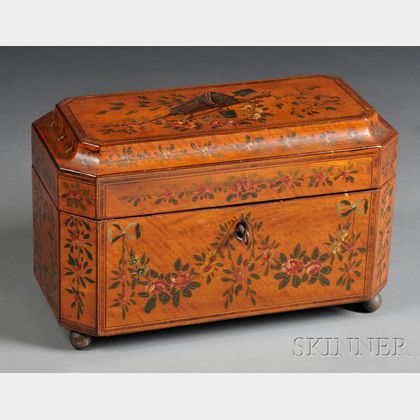 Polychrome-painted Floral-decorated and Inlaid Wood Tea Caddy