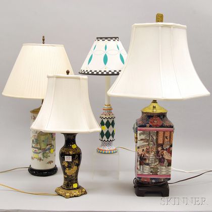 Three Assorted Asian Decorative Ceramic Table Lamps and a Faience Table Lamp. Estimate $200-400