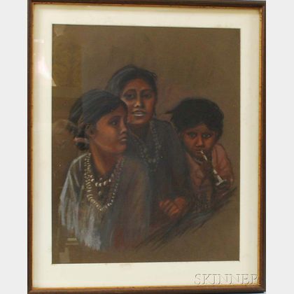 Framed Pastel Portrait of Three Native American Girls