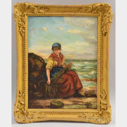 Continental School, 19th/20th Century Coastal View with a Girl Repairing a Net.