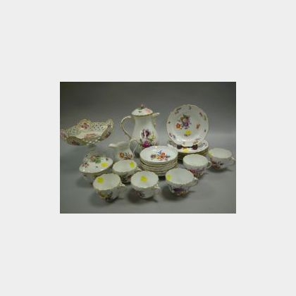Twenty-two Pieces of Meissen Handpainted Floral Decorated Porcelain Tableware