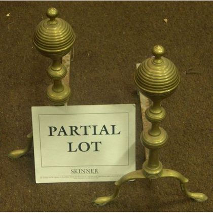 Pair of Brass Turned Ball-top Andirons and a Fender 