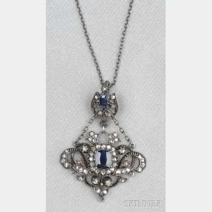 Antique Silver, Sapphire, and Rose-cut Diamond Pendant