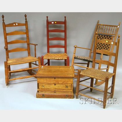 Four Assorted Rockers, Slat-back Chairs, and a Victorian Wooden Lidded Box