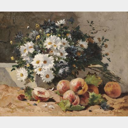 French School, 19th/20th Century Still Life with Peaches and Daisies
