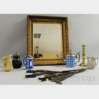 Victorian Gilt-gesso Framed Mirror, a Set of Four Painted Iron Curtain Rods, a Brass Candlestick, Four Ceramic Jugs, and a Coffeepot...