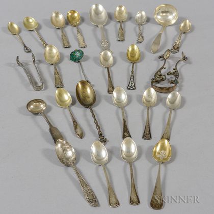 Group of Sterling Silver Demitasse Spoons and Pair of .950 Silver and Plique-a-jour Sugar Tongs