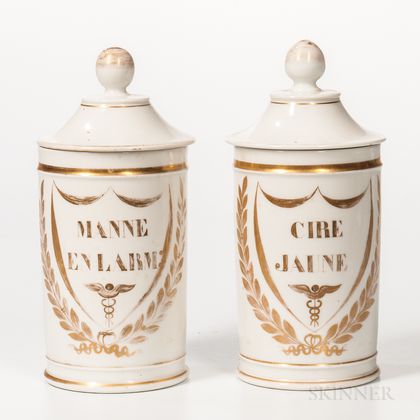 Pair of Gilt-decorated Porcelain Apothecary Jars with Lids