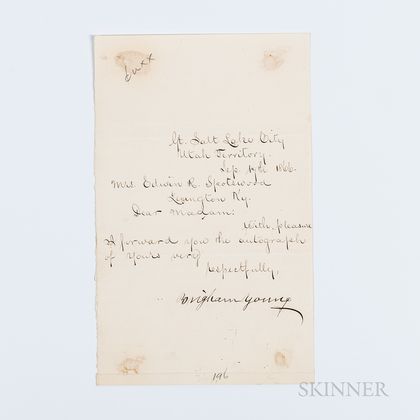 Young, Brigham (1801-1877) Letter Signed, Salt Lake City, Utah, 17 September 1866.