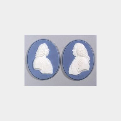 Pair of Wedgwood and Bentley Solid Blue Jasper Oval Portrait Medallions