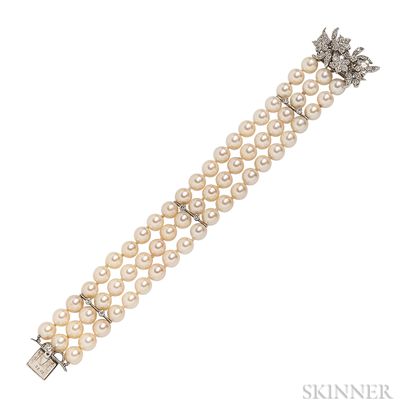 Cultured Pearl and Diamond Three-strand Bracelet