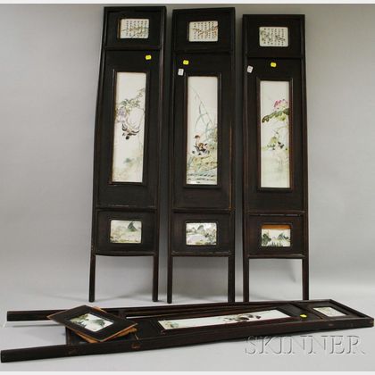 Small Chinese Export Hardwood Framed Decorated Porcelain Panel Four-Part Folding Screen