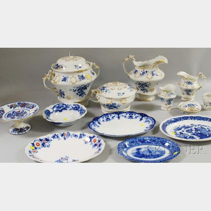 Seven-piece English Gilt and Transfer-decorated Madeley Pattern Ceramic Chamber Set, and Six Pieces of Assorted Mostly Flow Blue Tablew