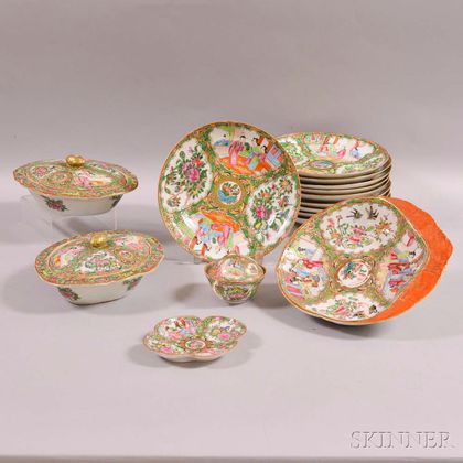 Fifteen Pieces of Chinese Export Rose Medallion Porcelain Tableware