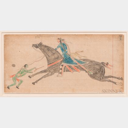 Native American Ledger Drawing "Touching Coup,"