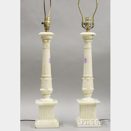Pair of Classical-style Carved Alabaster Columnar-form Table Lamps