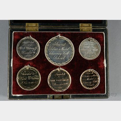 Six Cased Engraved Award of Merit Medals from the Chauncy Hall School, Boston