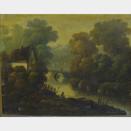 Framed Late 19th Century American School Oil on Canvas Hudson River Landscape with Cottage and Bridge