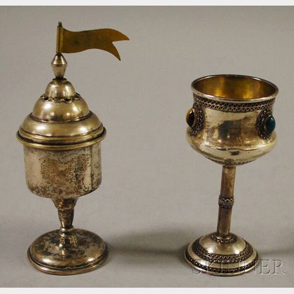 Israeli Zadok Silver and Silver Filigree Stone-mounted Kiddush Cup and an Israeli Silver Spice Tower. 