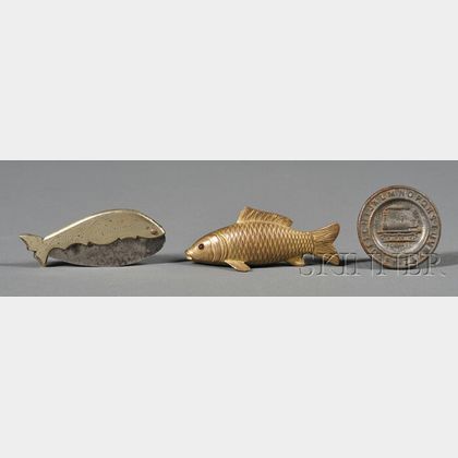Fish-form Paperweight and Pocketknife and a Miniature Pressed Tin ABC Plate