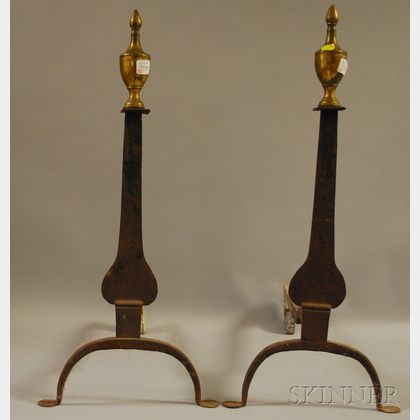 Pair of Brass Urn-finial Wrought Iron Knife Blade Andirons