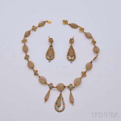 18kt Gold, Blue Glass, and Hair Jewelry Suite