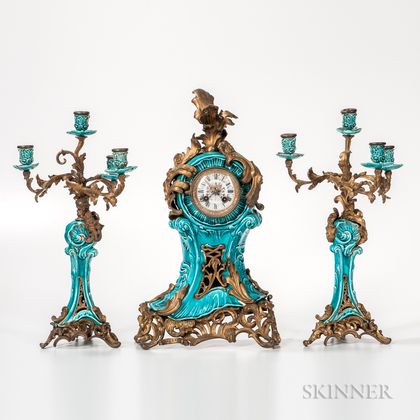 Three-piece Gilt-bronze-mounted Majolica Glazed Earthenware Clock Garniture