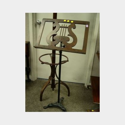 Oak and Cast Iron Sheet Music Stand and a Wooden Coat Tree. 
