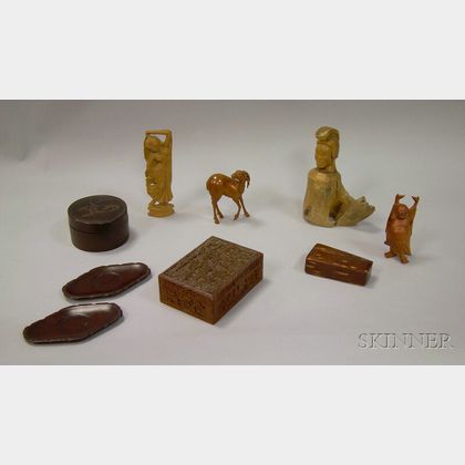 Group of Asian Carved Wood Boxes and Figures. 
